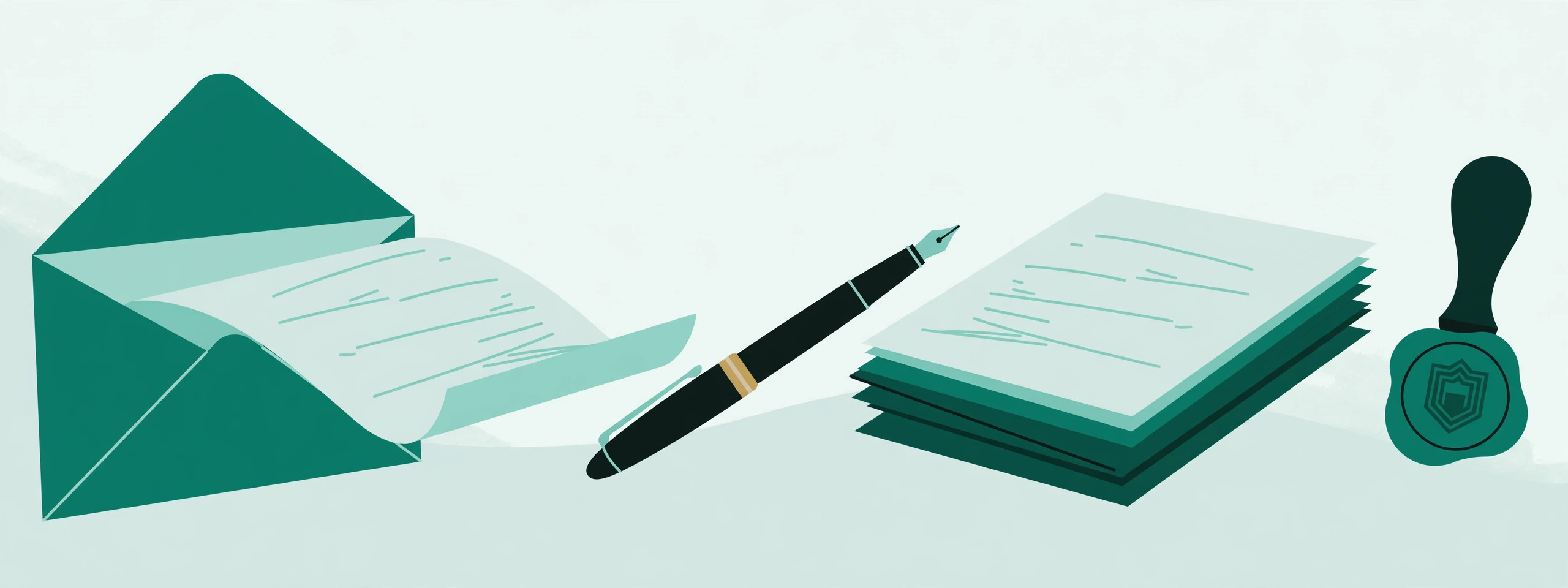 Illustration of an envelope, a letter and a fountain pen
